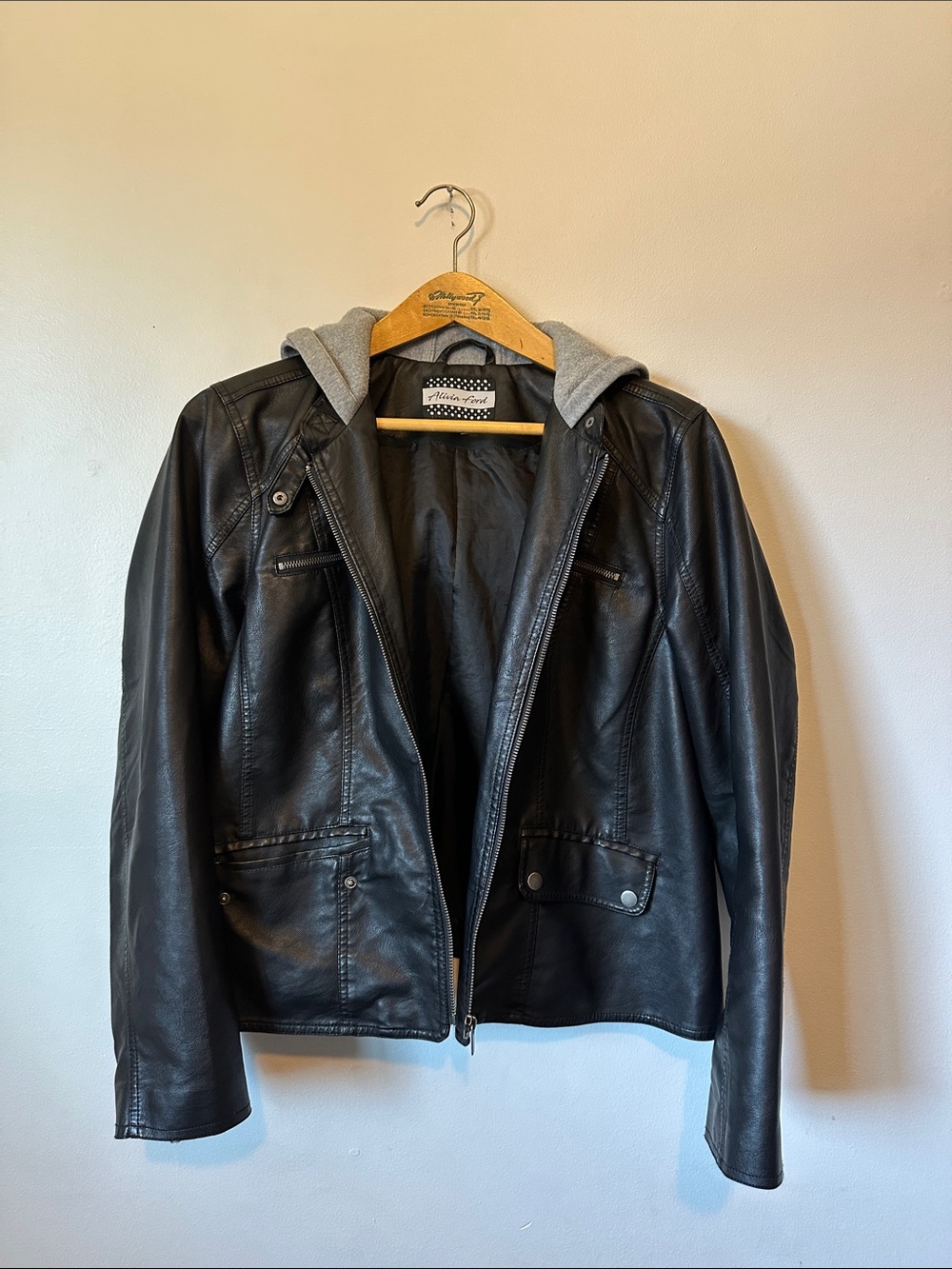 Aliva Ford Black Faux Leather Jacket with Gray Hood Women's Size 2X - Picture 2 of 5